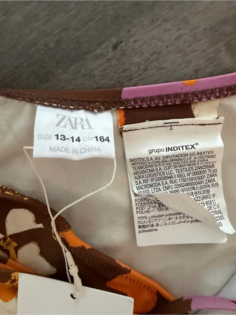 NWT Zara Kids Girls One-Piece Swimsuit Floral Brown Orange & Pink. Size 13-14.